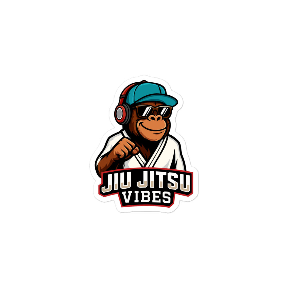 Jiu Jitsu Vibes monkey in gi, teal cap, sunglasses, and headphones sticker